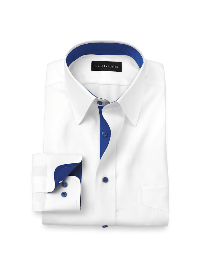 Comfort Stretch Non-Iron Solid Dress Shirt With Contrast Trim - White/cobalt