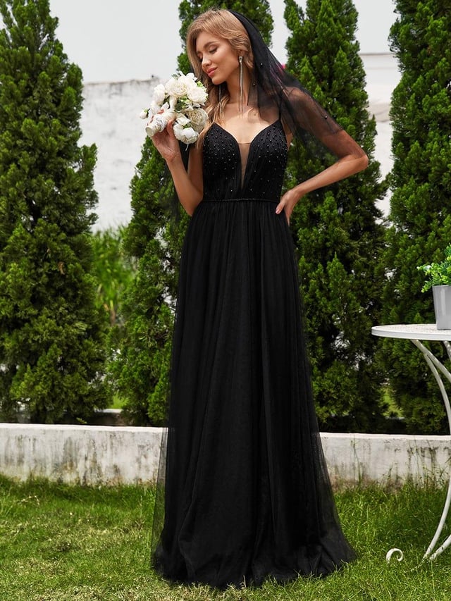 V-Neck A-Line Wedding Dress featuring Delicate Pearl Accents