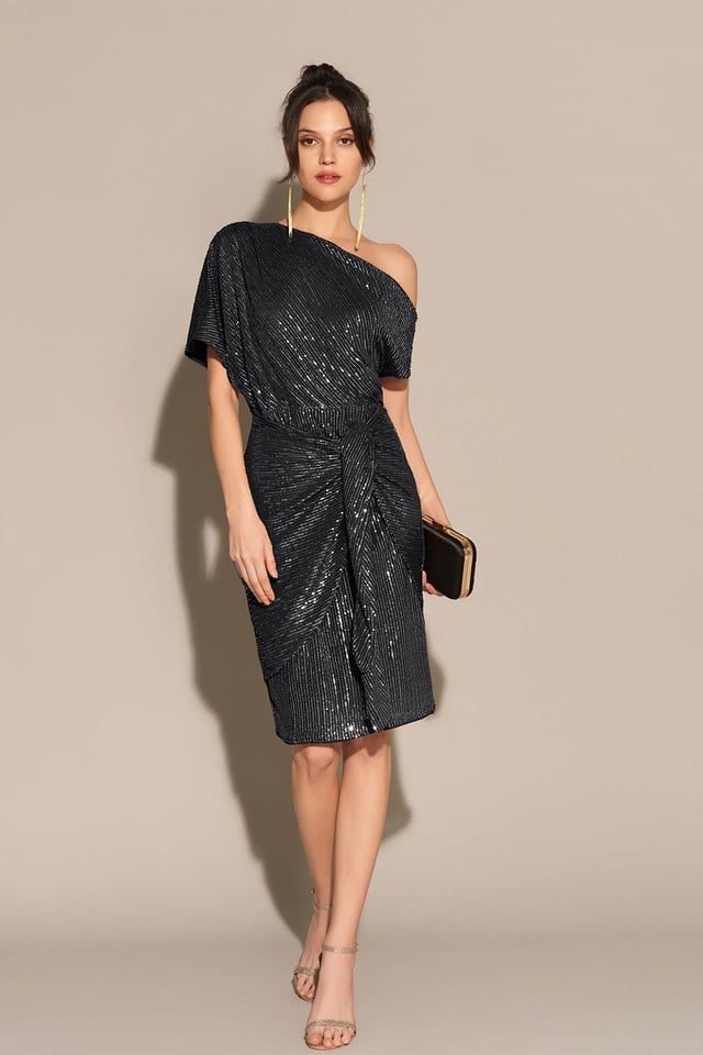 Sequined Asymmetric Off Shoulder Bodycon Party Midi Dress - Black