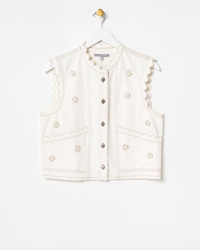 Ecru Cream Beaded Flower Scalloped Denim Waistcoat | Oliver Bonas