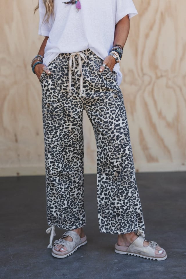 Effortless Edge Wide Leg Jogger Pants - Leopard