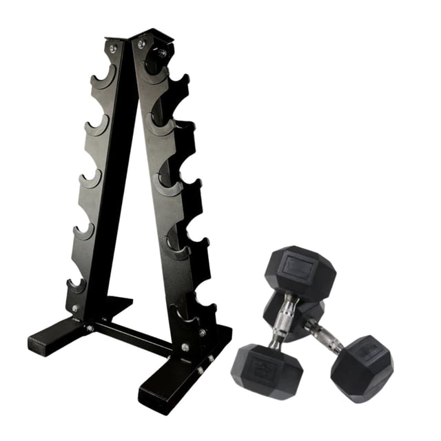 Muscle Motion 5 Pairs Rubber Hex (1kg to 5kg) Dumbbell with Rack