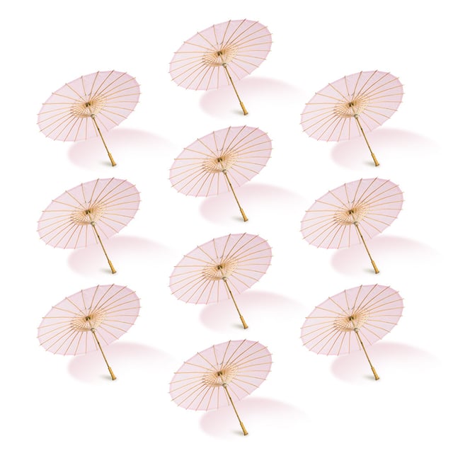 BULK PACK (10) 32" Pink Paper Parasol Umbrellas with Elegant Handles