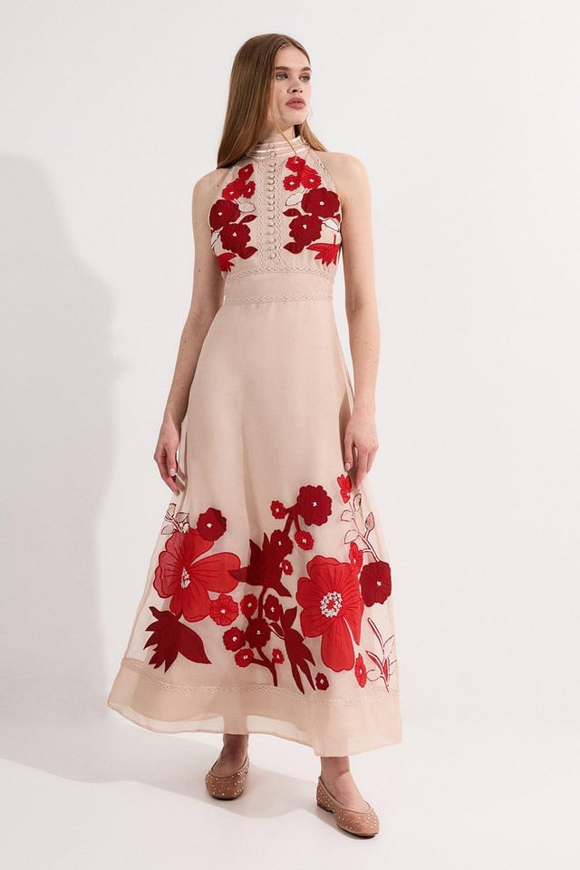 Applique Organdie Buttoned Halter Neck Maxi Dress | Karen Millen