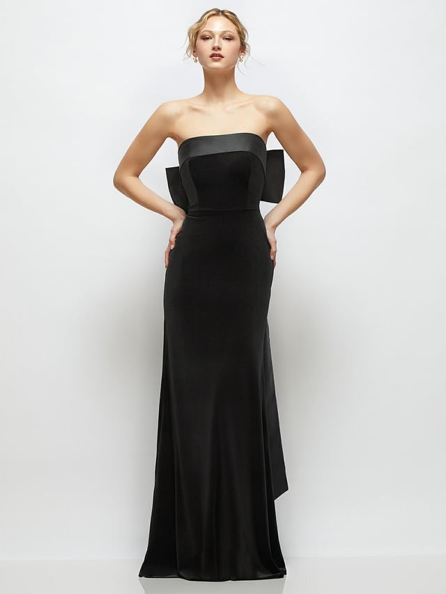 Black Velvet Maxi Dress with Strapless Satin Cuff & Long Bow at Back