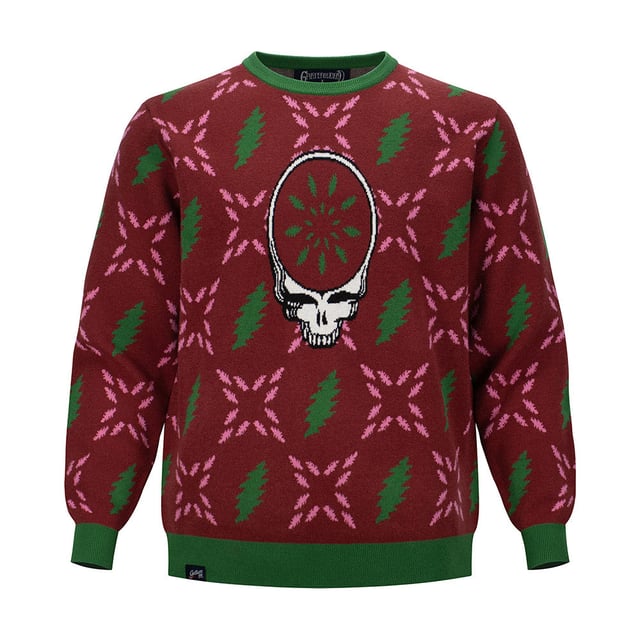 Grateful Dead | Crewneck Holiday Sweater | Stealie Bolt Burgundy and Green