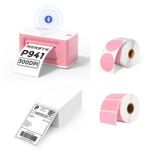 MUNBYN Bluetooth Thermal Label Printer P941B Starter Kit | Pink