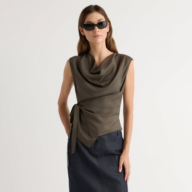 Dion Tencel Cowl-Neck Wrap Blouse
