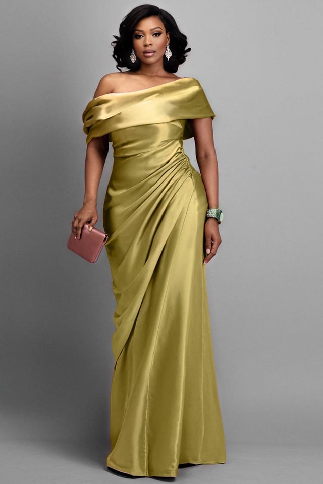 Xpluswear Design Plus Size Formal Green Off The Shoulder Short Sleeve Fold Elegant Satin Maxi Dresses