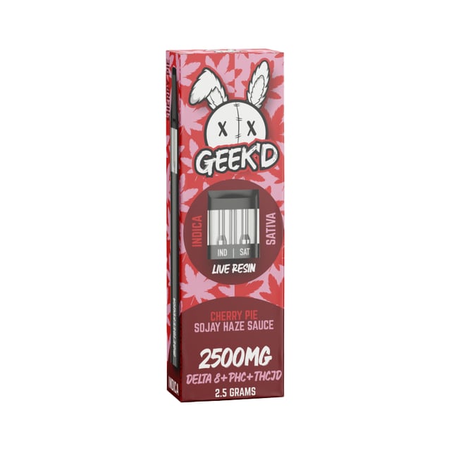 Live Resin Delta 8 THC Vape Pen with PHC + THCJD - Cherry Pie & Sojay Haze Sauce - 2.5g - Geek'd