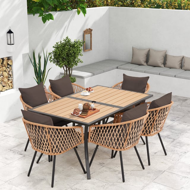 EROMMY 7-Piece Outdoor Dining Set – Rectangular Table with Umbrella Hole & 6 Rattan Chairs, Brown