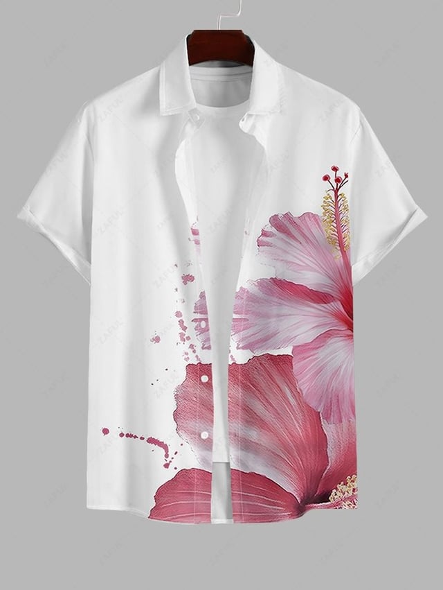 Men's Watercolor Floral Hibiscus Printed Button Up Casual Vacation Short Sleeves Shirt