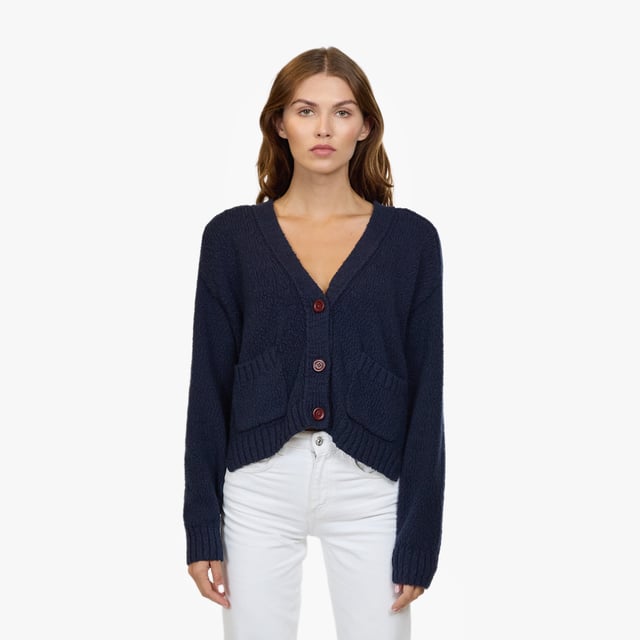 Cropped V Neck Cardigan w/ Pockets in Navy