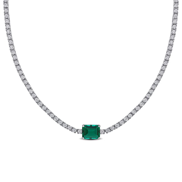 Lab-Created Emerald & White Sapphire Solitaire Tennis Necklace in Sterling Silver