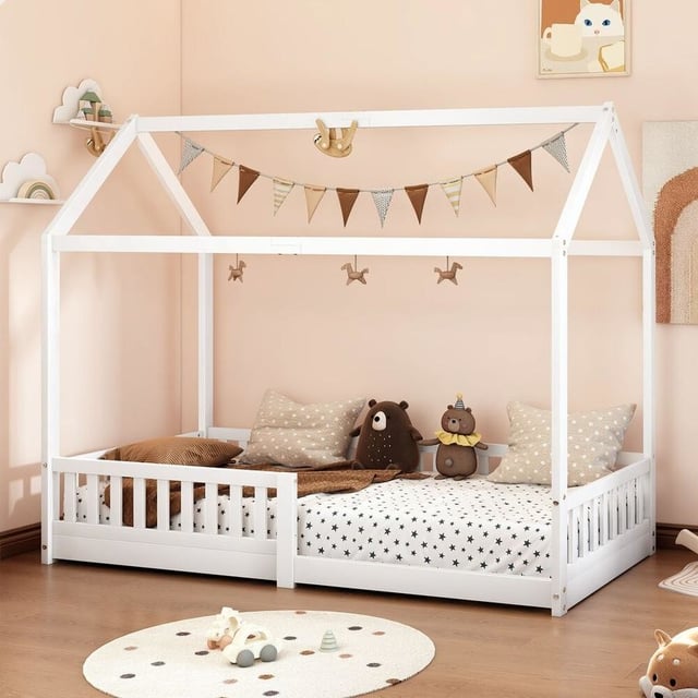 ALFORDSON Kids Bed Frame Wooden Timber Single House Frame Platform Base White