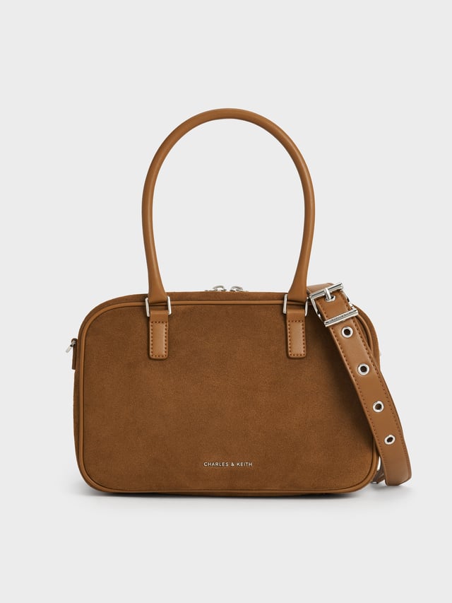 Sienna Brown Sianna Recycled Suede Bowling Bag | CHARLES & KEITH