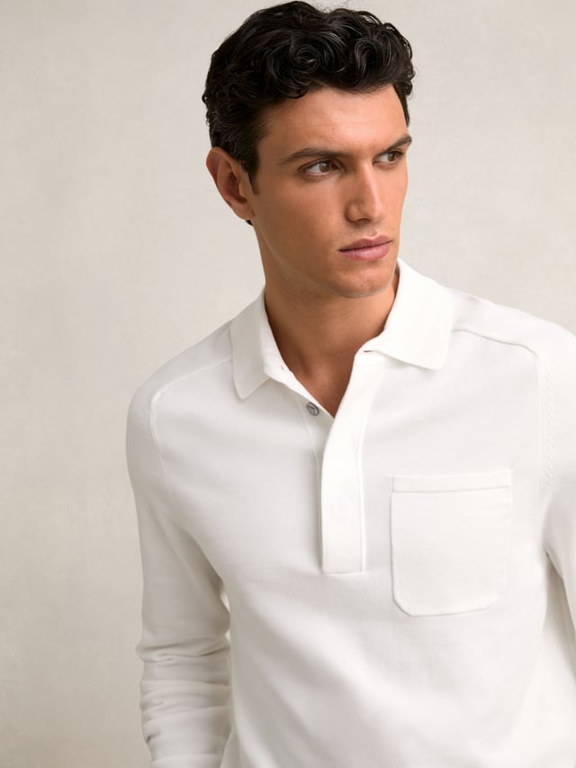 Cotton Concealed Placket Polo Shirt in White
