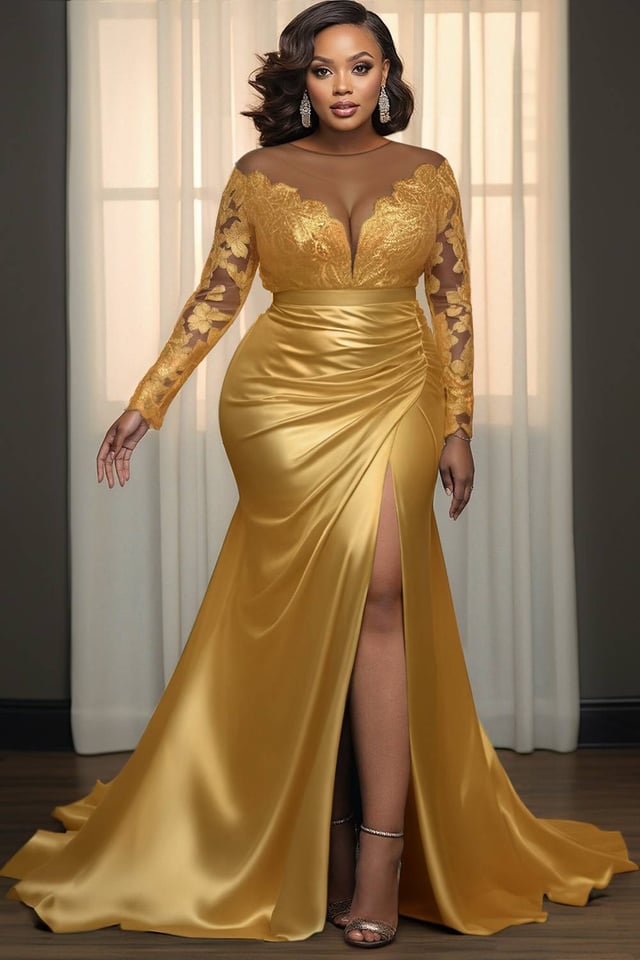 Xpluswear Design Plus Size Formal Lace Gold Turndown Collar Long Sleeve Split Elegant See Through Satin Maxi Dresses [Pre-Order]