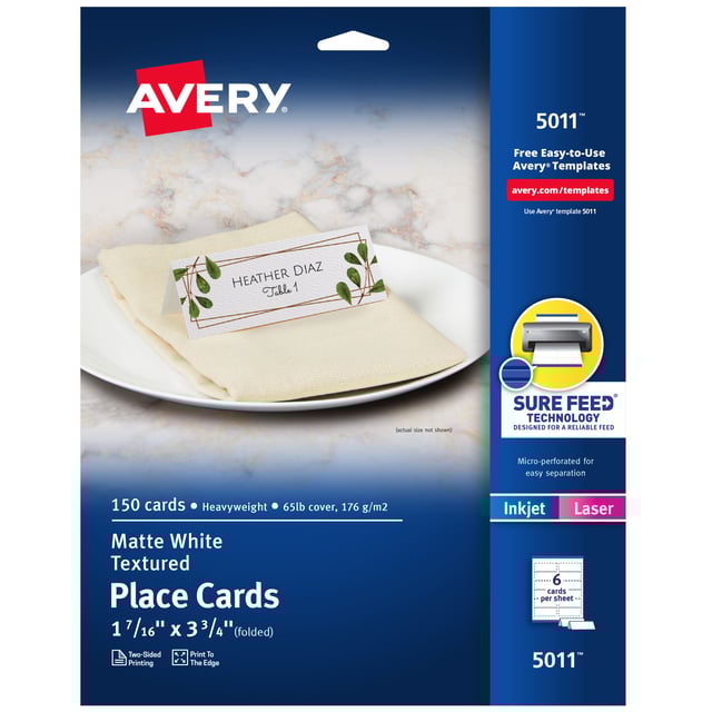Avery® Textured Place Cards with Sure Feed® Technology, 1-7/16" x 3-3/4", White, 150 Printable Tent Cards (5011) | Avery.com