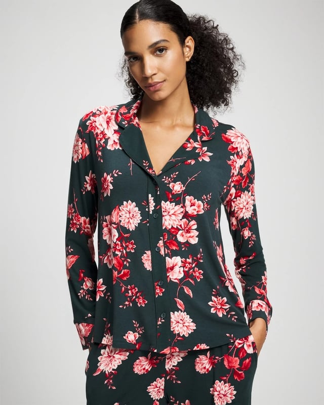 Cool Nights Long Sleeve Notch Collar with Piped Placket Pajama Top
