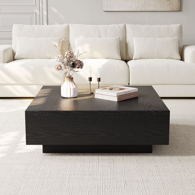 Mid Century Modern Coffee Table, Minimalist Wood Veneer Coffee Table with Storage for Living Room, Fully-assembled, 35.43'', Black