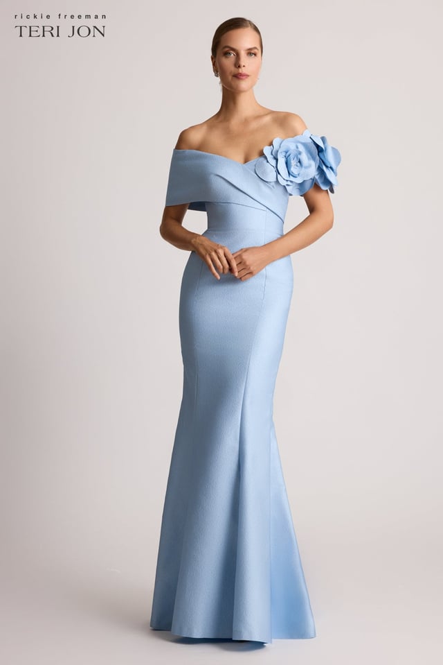 Pebble Jacquard 3D Flower Off The Shoulder Gown