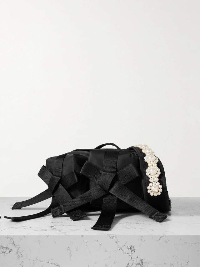 Bow and faux pearl-embellished shell belt bag - black - One Size