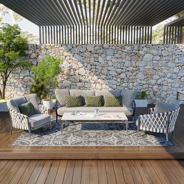 Reversible outdoor rug carpet, 9' x 12' waterproof plastic straw rug, gray & white floral