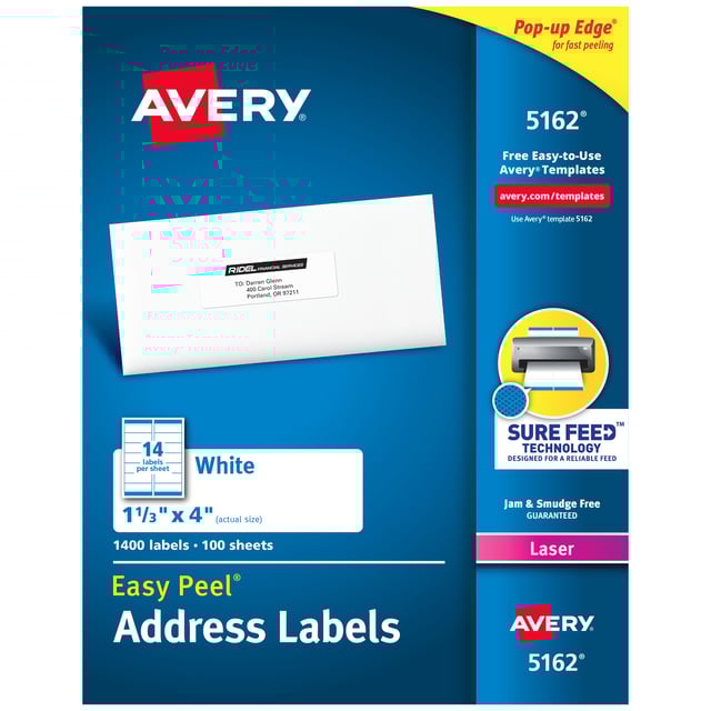 Avery® Easy Peel® Address Labels, Sure Feed™ Technology, Permanent Adhesive, 1-1/3" x 4", 1,400 Labels (5162)