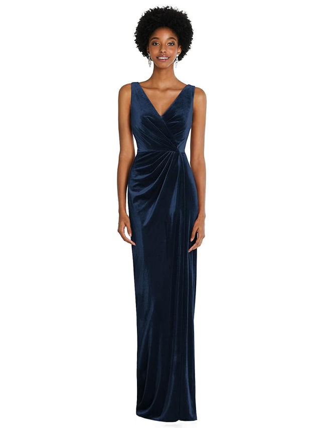 Draped Skirt Faux Wrap Velvet Maxi Dress