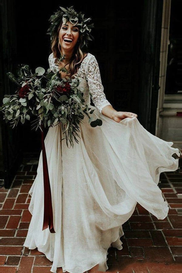 Roycebridal Cheap 3/4 Sleeve Lace Ivory Chiffon Rustic Two Piece Wedding Dress,MW273