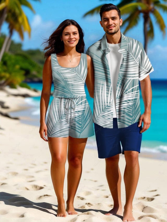 Matching Hawaii Shirt and Romper Plus Size Beach Outfit Tropical Leaf Ombre Printed for Couples