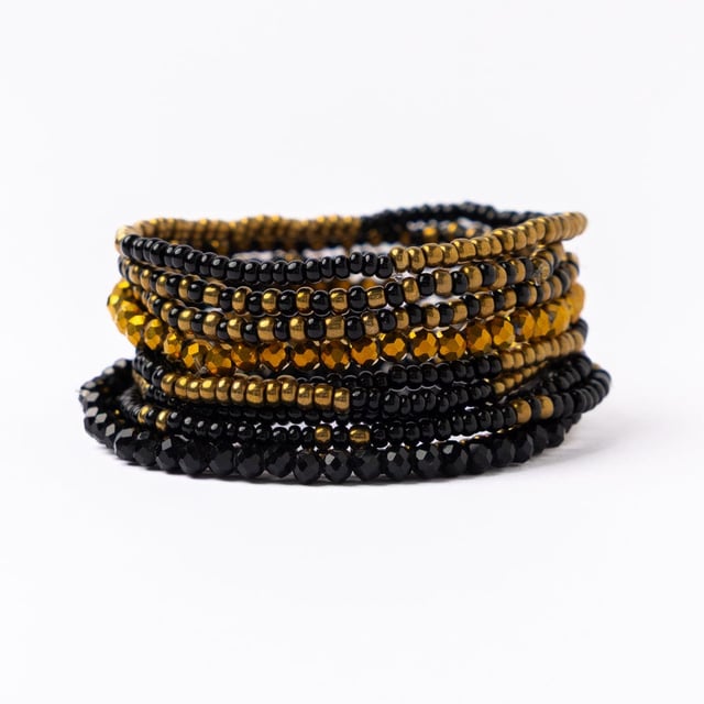 Game Day Beaded 10 Strand Stretch Bracelet Set Black + Gold