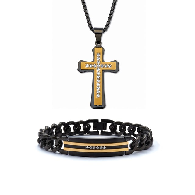 Men's Round Crystal Matte Black And Gold Ion-Plated Stainless Steel Cross Pendant Necklace And Bracelet Set, 26 Inch Chain