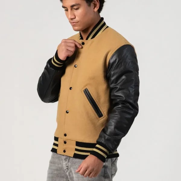 Camel Wool Body & Black Faux Leather Sleeves Letterman Jacket