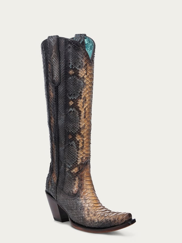 A4715 - WOMEN'S GENUINE FULL PYTHON SADDLE/ BLUE TALL TOP SNIP TOE COWBOY BOOT