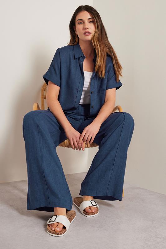 LTS Tall Navy Blue Linen Pleated Wide Leg Trousers