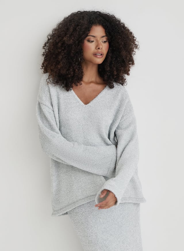 Silver Tinsel Knit V Neck Jumper- Ennis