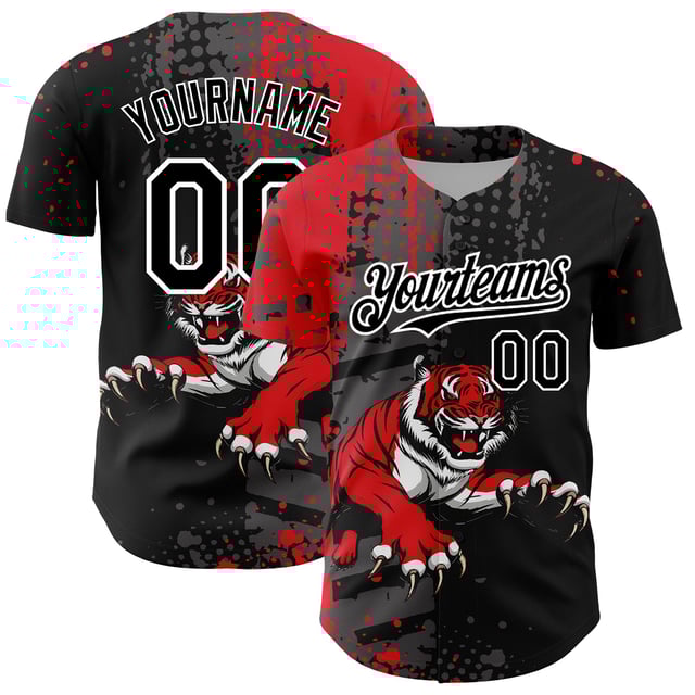 Custom Black Red-White 3D Pattern Design Animal Tiger Authentic Baseball Jersey