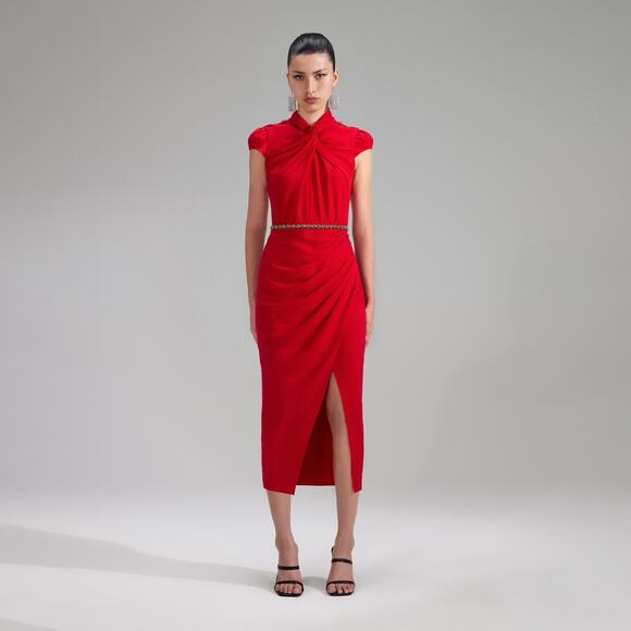 Self-Portrait Red Stretch Crepe Ruched Midi Dress Size 06 In Red
