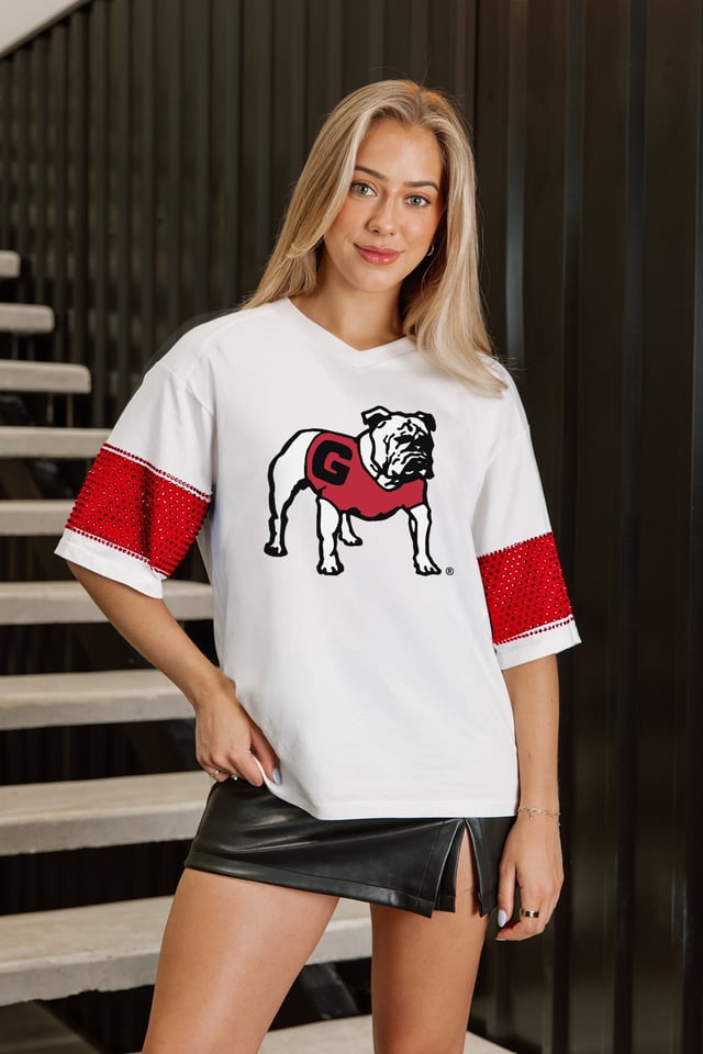 GEORGIA BULLDOGS DOMINANCE RHINESTONE STRIPE VARSITY TEE