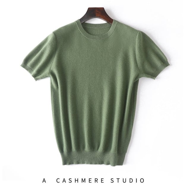 Mens Short Sleeve Pure Cashmere Sweater Crew Neck Textured Knit Tops