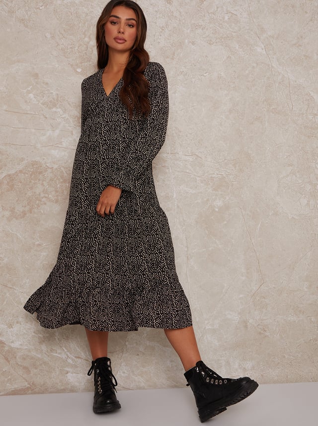 Long Sleeve V Neck Animal Print Midi Dress in Black
