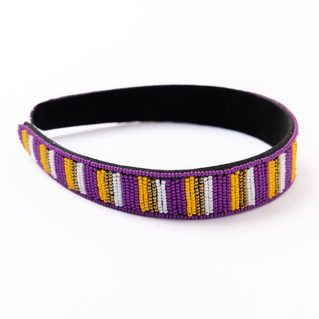 Game Day Striped Beaded Headband Purple + Yellow