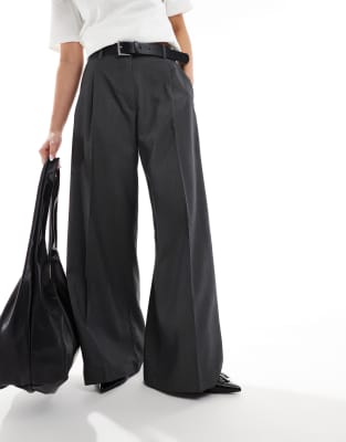 Monki high waist wide leg tailored pants in dark grey melange