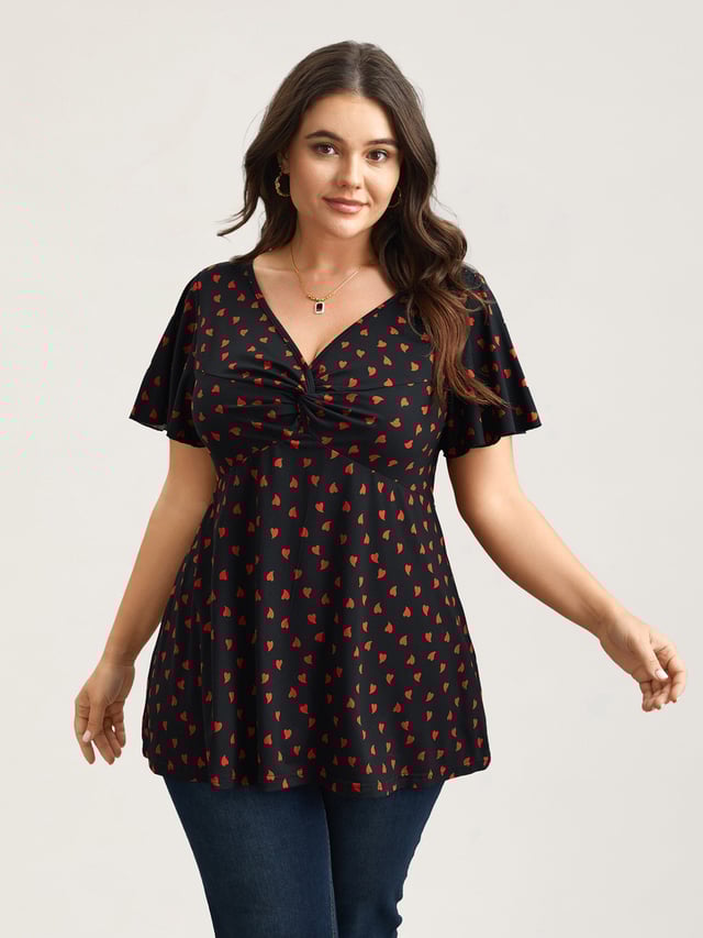 Heart Print Ruched Bust Stretchy Top
