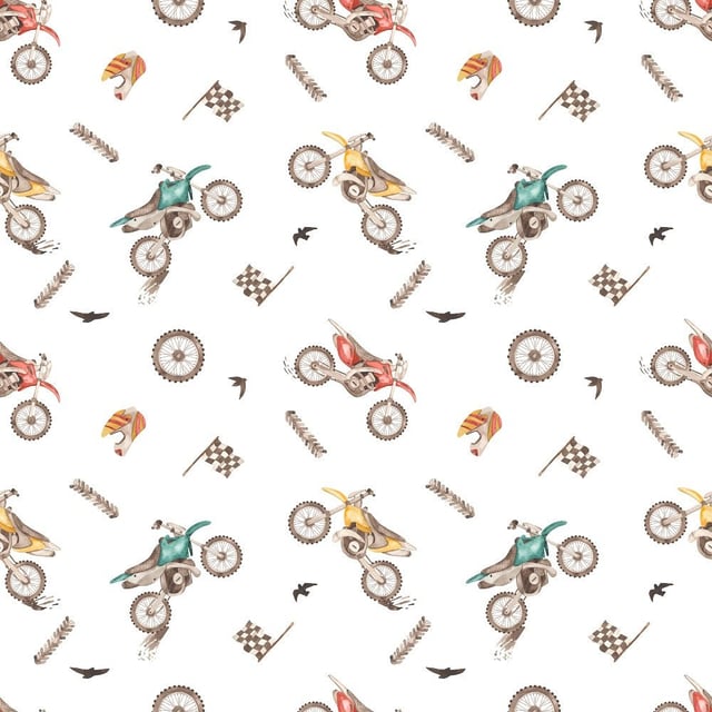 Watercolor Scattered Dirt Bikes Fabric