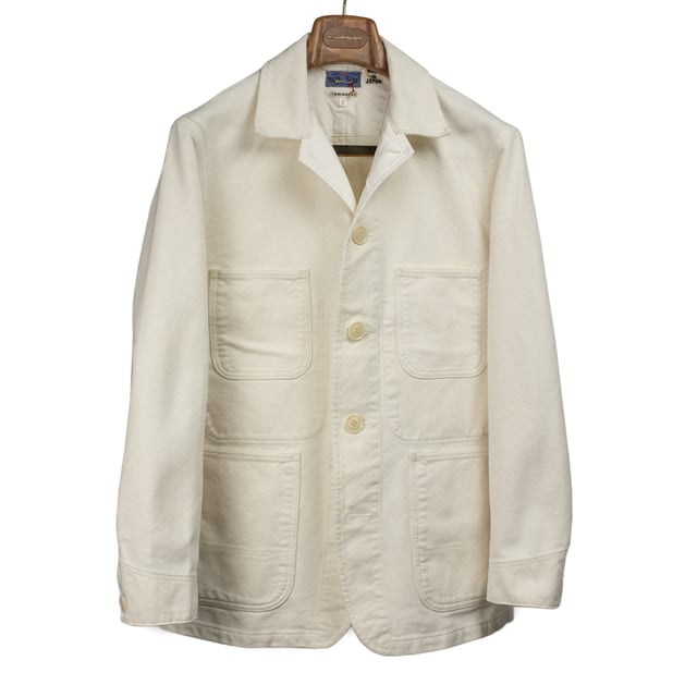 Coverall jacket in yukizarashi undyed cotton sashiko