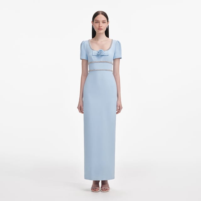 Blue Crepe Crystal Trim Maxi Dress