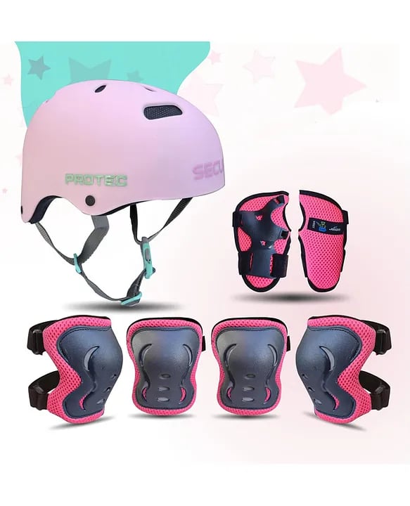 Jaspo Sx 4 Ultra Protective Set for Skating -  Cycling Helmet Set with Knee Pads Elbow Pads Wrist Guards -  Adjustable Helmet -  Protective Gear Set for Bicycle Roller Skating Skateboarding (Small - Pink)